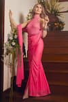 Shop_Itrh_Pink Net Embellished Crystal High Luminous Ruched Pre-draped Saree With Bodysuit _at_Aza_Fashions