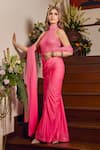 Buy_Itrh_Pink Net Embellished Crystal High Luminous Ruched Pre-draped Saree With Bodysuit _Online_at_Aza_Fashions