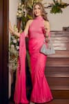 Shop_Itrh_Pink Net Embellished Crystal High Luminous Ruched Pre-draped Saree With Bodysuit _Online_at_Aza_Fashions