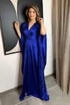 Shop_Itrh_Blue Satin Embellished Mirror V Neck Lauran Crystal Kaftan _at_Aza_Fashions