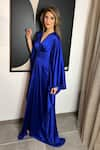 Itrh_Blue Satin Embellished Mirror V Neck Lauran Crystal Kaftan _Online_at_Aza_Fashions