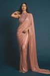 Buy_Itrh_Peach Net Embellished Crystal Scarab Serenity Pre-draped Saree With Blouse _at_Aza_Fashions