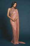 Itrh_Peach Net Embellished Crystal Scarab Serenity Pre-draped Saree With Blouse _Online_at_Aza_Fashions