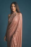 Buy_Itrh_Peach Net Embellished Crystal Scarab Serenity Pre-draped Saree With Blouse _Online_at_Aza_Fashions