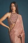 Shop_Itrh_Peach Net Embellished Crystal Scarab Serenity Pre-draped Saree With Blouse _at_Aza_Fashions