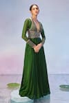 Buy_Zamoraa The Label_Green Georgette Hand Embroidered Floral Plunge V Anarkali _at_Aza_Fashions