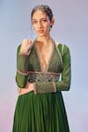 Zamoraa The Label_Green Georgette Hand Embroidered Floral Plunge V Anarkali _Online_at_Aza_Fashions