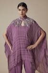 Yoshita Couture_Purple Georgette Hand Tie-dye Glass Beads Mandarin Collar Kaftan With Palazzo _Online_at_Aza_Fashions