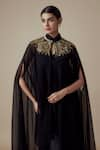 Yoshita Couture_Black Georgette Hand Embroidery Glass Beads Kaftan Mandarin Collar Sequin Set _Online_at_Aza_Fashions