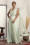 Buy_HOUSE OF SUPRIYA_Green Shimmer Net Embroidered Pearl Leaf Floral Pre-draped Saree And Blouse Set _at_Aza_Fashions