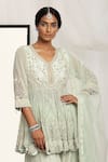 Buy_HOUSE OF SUPRIYA_Green Shimmer Net Embroidered Pearl V Neck Floral Scallop Hem Sharara Set _Online_at_Aza_Fashions