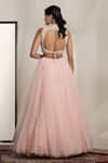 Shop_HOUSE OF SUPRIYA_Pink Shimmer Net Embroidered Pearl High Blouse With Ball Gown Lehenga _at_Aza_Fashions