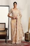 Buy_HOUSE OF SUPRIYA_Peach Shimmer Net Embroidered Pearl V Neck Scallop Hem Saree With Blouse _at_Aza_Fashions