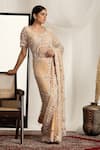 Buy_HOUSE OF SUPRIYA_Peach Shimmer Net Embroidered Pearl V Neck Scallop Hem Saree With Blouse _Online_at_Aza_Fashions