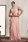 Buy_HOUSE OF SUPRIYA_Pink Crepe Embroidered Pearl High Solid Pre-draped Saree With Blouse _at_Aza_Fashions