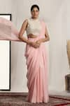 HOUSE OF SUPRIYA_Pink Crepe Embroidered Pearl High Solid Pre-draped Saree With Blouse _Online_at_Aza_Fashions