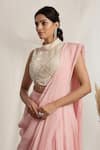 Buy_HOUSE OF SUPRIYA_Pink Crepe Embroidered Pearl High Solid Pre-draped Saree With Blouse _Online_at_Aza_Fashions