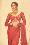 Buy_House of Three_Red Silk Organza Embroidered Zardozi Aheli Saree _Online_at_Aza_Fashions