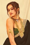 House of Three_Emerald Green Velvet Embroidered Zardozi Anvi Floral And Saree _Online_at_Aza_Fashions