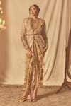 Buy_House of Three_Gold Net Embroidered Zardozi Open Athira Tonal Peplum Jacket _at_Aza_Fashions