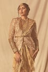 House of Three_Gold Net Embroidered Zardozi Open Athira Tonal Peplum Jacket _Online_at_Aza_Fashions