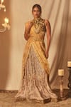 Shop_House of Three_Gold Net Embroidered Zardozi Kanchana Floral Lehenga _at_Aza_Fashions