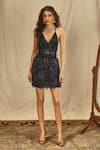 Buy_House of Three_Blue Net Embroidered Ostrich Feathers Plunging Mayura Embellished Short Dress _at_Aza_Fashions