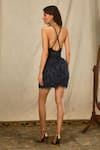 Shop_House of Three_Blue Net Embroidered Ostrich Feathers Plunging Mayura Embellished Short Dress _at_Aza_Fashions