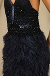 Buy_House of Three_Blue Net Embroidered Ostrich Feathers Plunging Mayura Embellished Short Dress _Online_at_Aza_Fashions