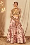 Buy_House of Three_Pink Silk Chiffon Printed Floral Saanvi Lehenga _at_Aza_Fashions