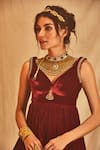 Buy_House of Three_Burgundy Velvet Embroidered Bead Leaf Soma Peplum Kurta Sharara Set _Online_at_Aza_Fashions