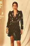 Buy_House of Three_Green Velvet Embroidered Motif Lapel Collar Taru Dress _Online_at_Aza_Fashions