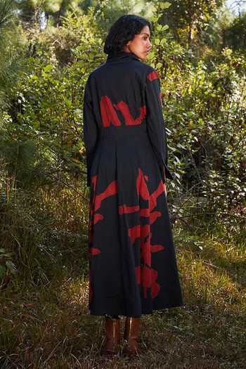 Shop_Kharakapas_Black Cotton Collared Bloom Print Midi Dress _at_Aza_Fashions