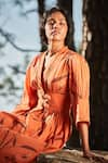 Kharakapas_Orange Cotton Mul Print Bloom V Neck Sunset In The Mountain Dress _at_Aza_Fashions