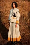 Buy_Kharakapas_Off White Cotton Mul Embroidery Floral Patch Band Serenade Jacket With Skirt _Online_at_Aza_Fashions