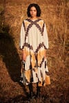 Buy_Kharakapas_Off White Cotton Mul Shibori Tie Dye Round Neck Dunetime Pattern Dress _at_Aza_Fashions