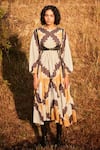 Shop_Kharakapas_Off White Cotton Mul Shibori Tie Dye Round Neck Dunetime Pattern Dress _Online_at_Aza_Fashions