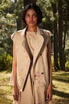 Kharakapas_Brown Oxford Print Floral Lapel Collar Sandstone Safari Jacket _Online_at_Aza_Fashions