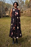 Buy_Kharakapas_Black Cotton Mul Print Abstract Floral Round Bouquet Gathered Dress _at_Aza_Fashions