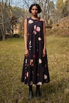 Kharakapas_Black Cotton Mul Print Abstract Floral Round Bouquet Gathered Dress _Online_at_Aza_Fashions