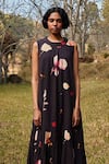 Buy_Kharakapas_Black Cotton Mul Print Abstract Floral Round Bouquet Gathered Dress _Online_at_Aza_Fashions