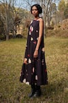 Shop_Kharakapas_Black Cotton Mul Print Abstract Floral Round Bouquet Gathered Dress _Online_at_Aza_Fashions