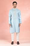 RNG Safawala_Blue Linen Embroidery Resham And Mirror Placket Kurta With Pant _Online_at_Aza_Fashions