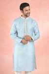 RNG Safawala_Blue Linen Embroidery Resham And Mirror Placket Kurta With Pant _at_Aza_Fashions