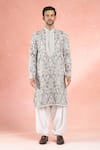 RNG Safawala_Grey Muslin Silk Embroidery Dori Floral Kurta With Pathani Pant _Online_at_Aza_Fashions