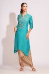 Buy_Shruti S_Blue Kurta Silk Hand Embroidery Pearl Notch With Draped Skirt _Online_at_Aza_Fashions