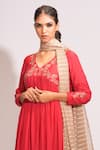 Shruti S_Red Kurta And Salwar Mulmul Cotton Embroidery Floral V Neck Anarkali Set _at_Aza_Fashions