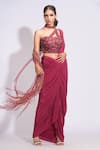 Buy_Shruti S_Maroon Saree Crepe Embroidery Zari Asymmetric Pre-draped Dhoti With Blouse _at_Aza_Fashions