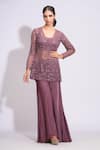 Buy_Shruti S_Wine Kurta Star Net Floral Kurta Blunt V Embroidered Set _at_Aza_Fashions