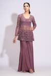 Buy_Shruti S_Wine Kurta Star Net Floral Kurta Blunt V Embroidered Set _Online_at_Aza_Fashions